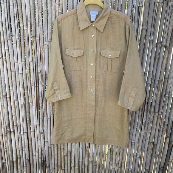 Soft Surroundings Tan 100% Linen Lagenlook long line button front shirt sz L - Picture 3 of 11